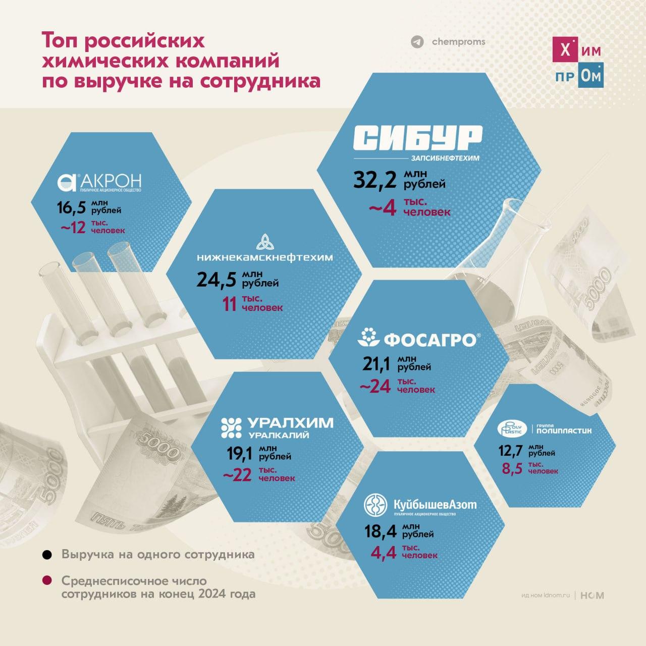 Топ российских химических компаний по выручке на сотрудника