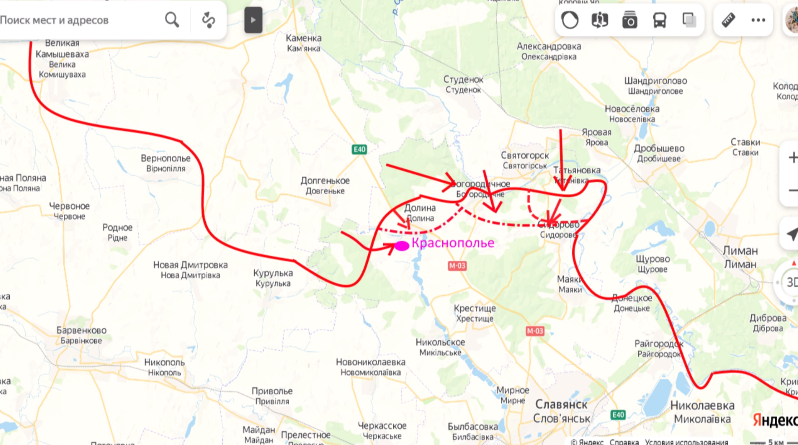 Карта наступления союзных войск РФ, ДНР и ЛНР на Славянск