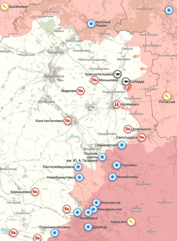Карта наступления российских войск в Донбассе в районе Донецка