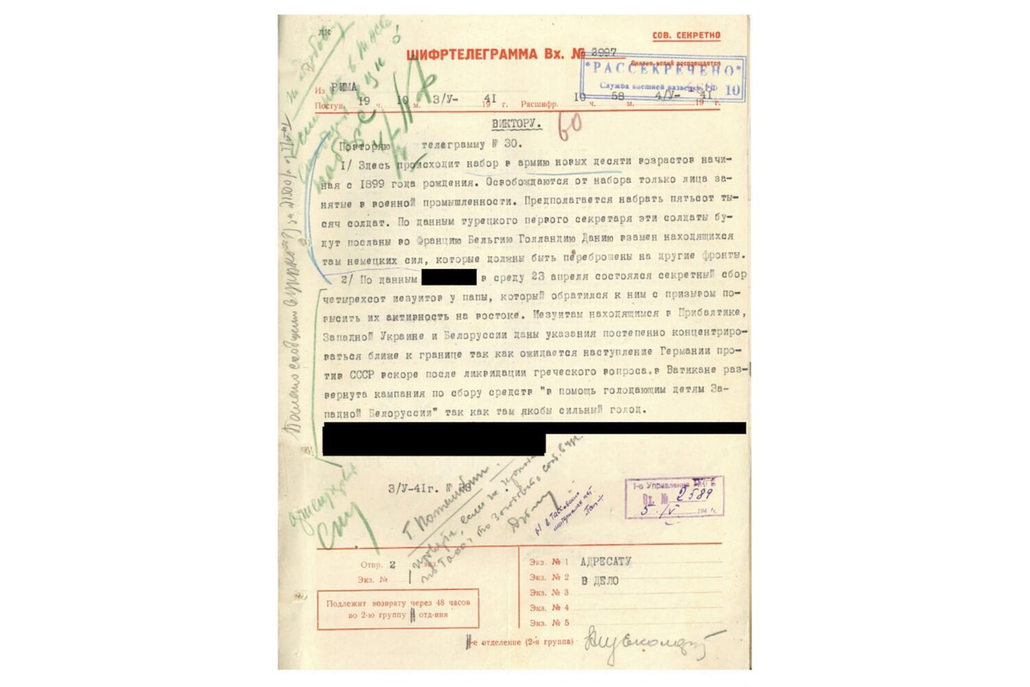 Шифртелеграмма главе советской внешней разведки Павлу Фитину