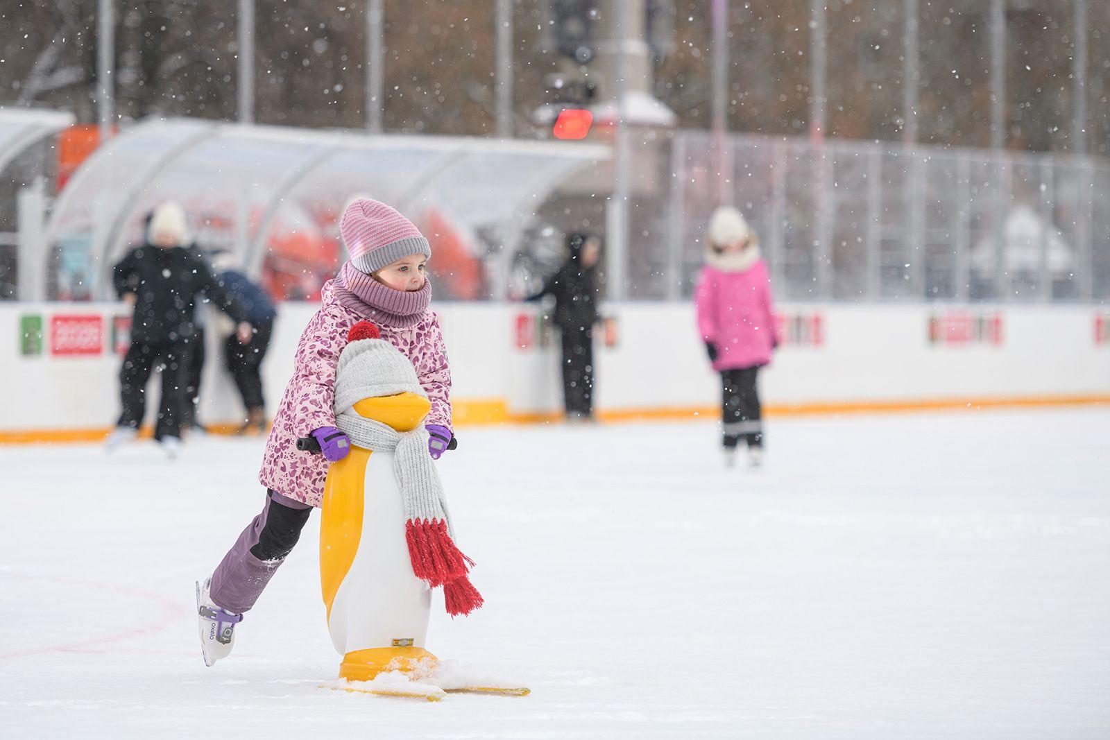 Поддерживающие стойки в виде пингвинов для детей на катках Москвы