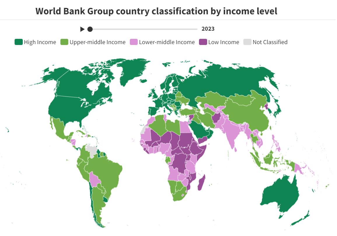 Карта стран по уровню доходов по классификации Всемирного банка